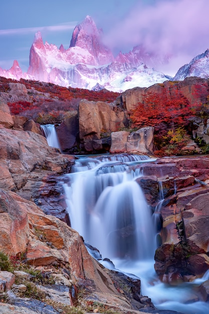 View of Mount Fitz Roy and the waterfall at sunrise, Los Glaciares National Park, Andes, Patagonia, Argentina