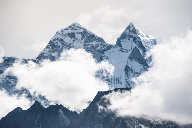 View of Mount Kangtega with clouds in Himalaya mountains, Nepal. Everest Base Camp trek, Sagarmatha national park