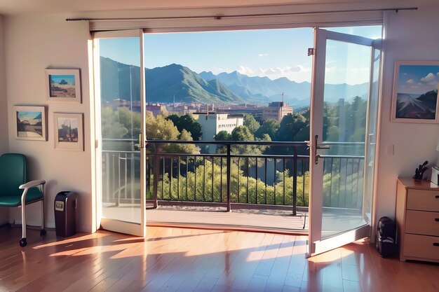 A view of a mountain and a balcony from a living room.