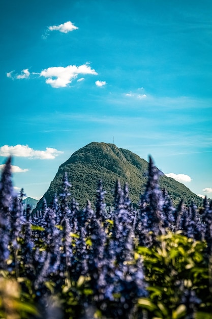 A view of a mountain in a blue sky