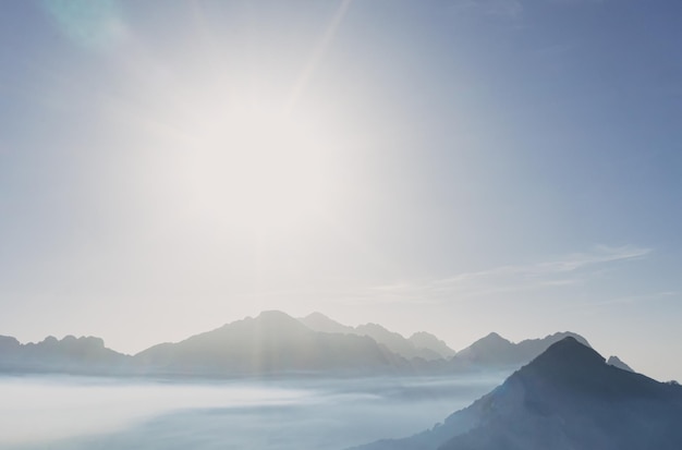 View of mountain above clouds on the way to Theth Albania