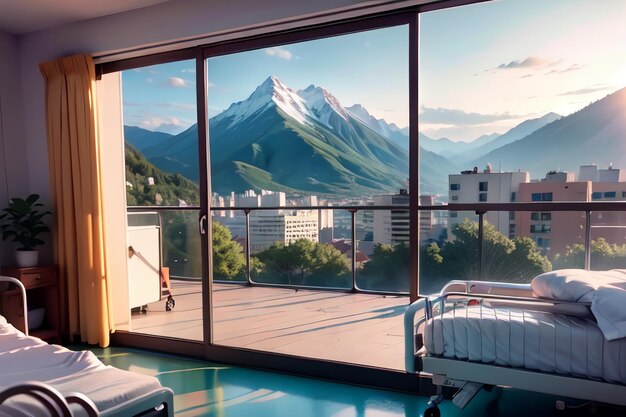 A view of a mountain from a window with a bed in it.