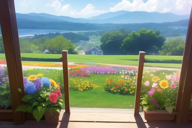 A view of a mountain and a garden with flowers