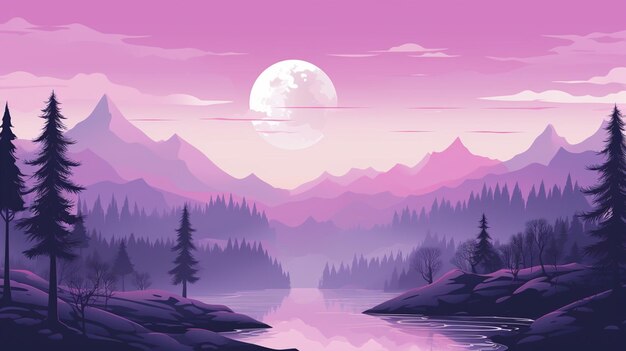 A view of a mountain lake with a full moon in the sky generative ai