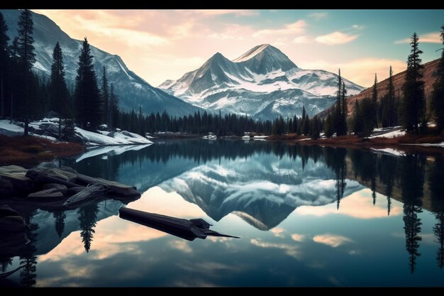 A view of a mountain lake with a mountain