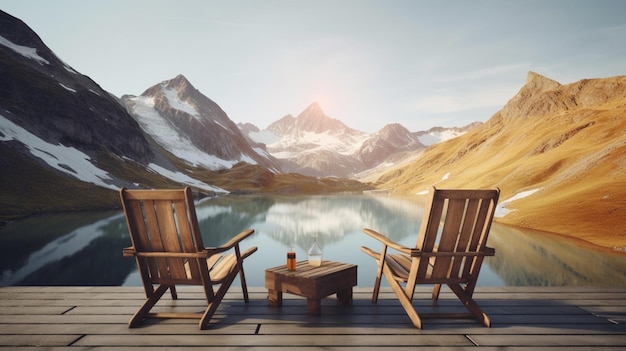 A view of a mountain lake with two chairs and a table with a glass of beer on it.