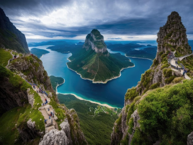 A view of a mountain and a lake