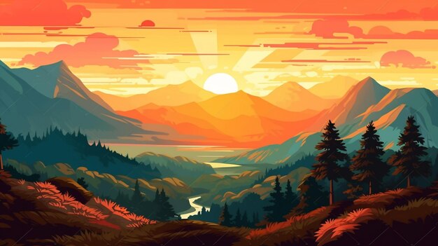 A view of a mountain landscape with a river and a sunset generative ai