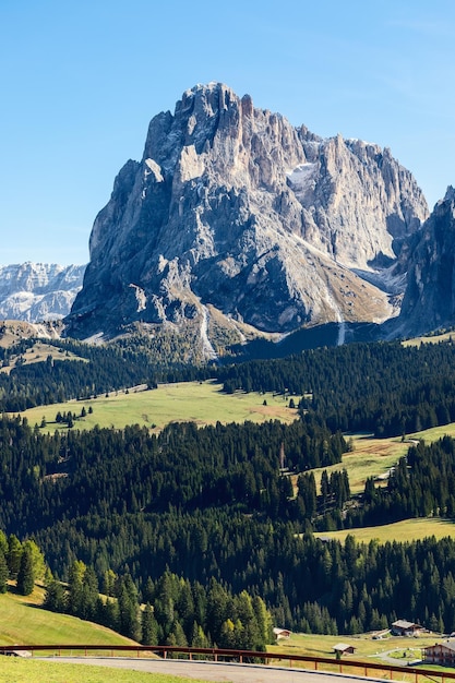 Seiser Alm South Tyrol Italy의 Langkofel Sassolungo 산 보기 세로 사진