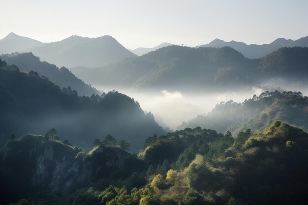 A view of a mountain range covered in fog generative AI