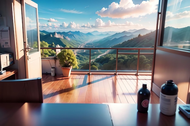 A view of a mountain range from a balcony with a bottle on the table.