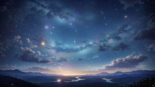 a view of a mountain range with a lake and a sky full of stars
