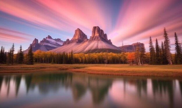 Photo a view of a mountain range with a lake and trees