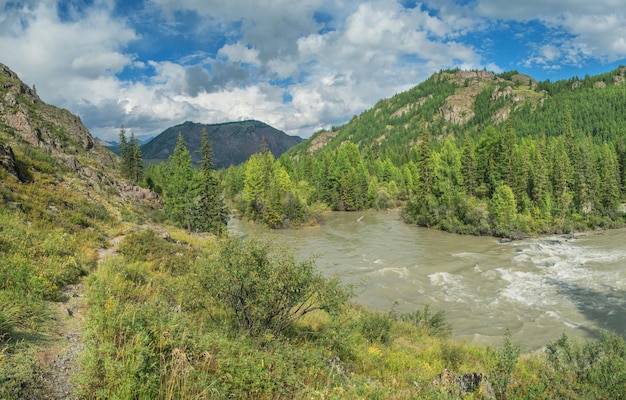 View of mountain valley with river, sunny day