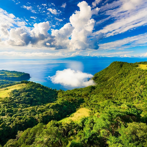 a view of a mountain with a cloud in the sky and the ocean in the background