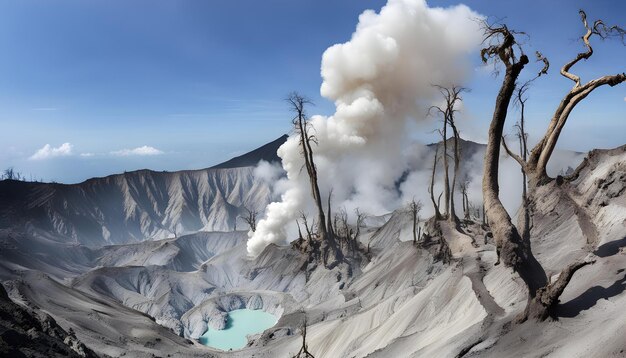 Photo a view of a mountain with a cloud of smoke coming out of it