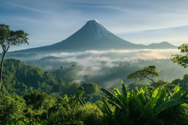 a view of a mountain with fog in the air