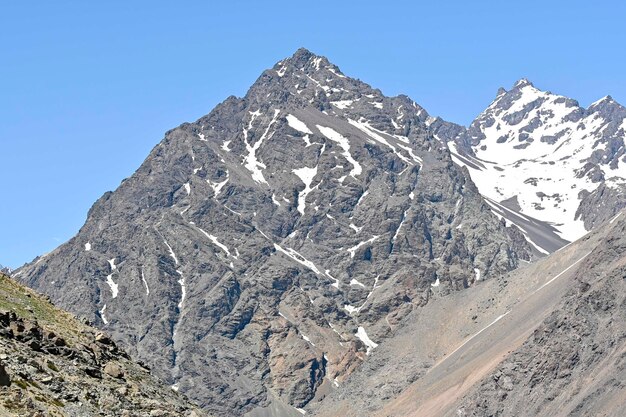 Vista delle montagne della catena montuosa delle ande vicino a portillo in estate