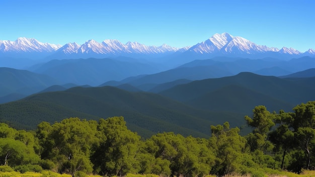 a view of the mountains from the top of a hill.