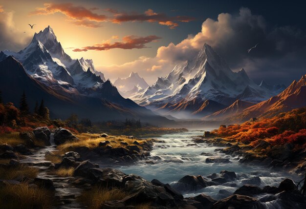 a view of mountains with clouds in the sky and river in the middle of the field in the style of max rive atmospheric and moody landscapes