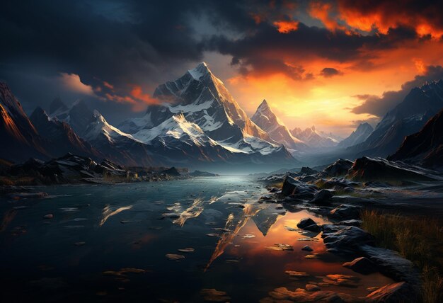 a view of mountains with clouds in the sky and river in the middle of the field in the style of max rive atmospheric and moody landscapes