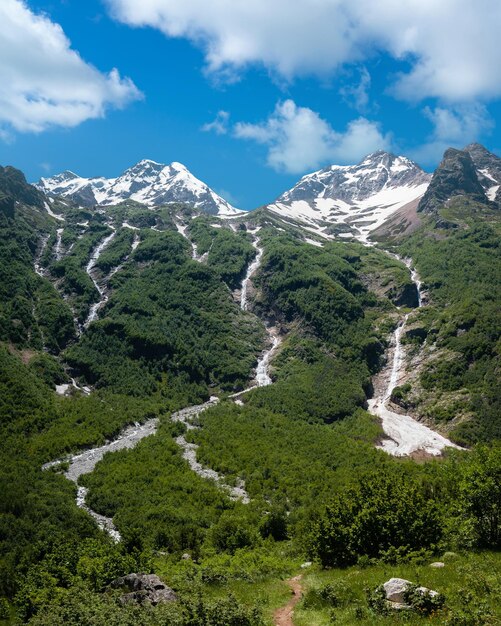 View of the mountainside after the avalanche in spring