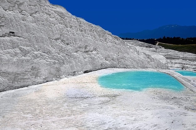 View of natural travertine pools and terraces in Pamukkale Cotton castle in southwestern Turkey