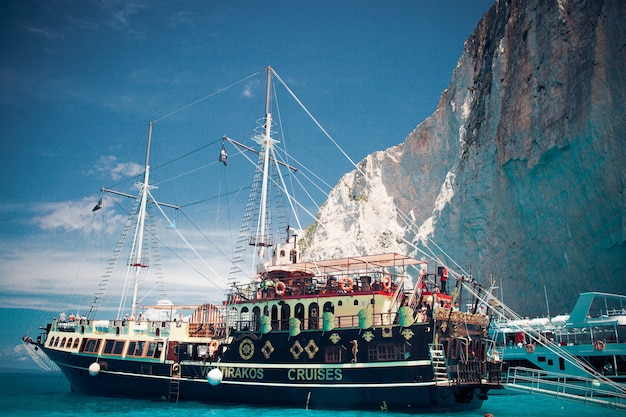 View of Navagio (Shipwreck) Beach in Zakynthos, Greece on May 15, 2014. Navagio Beach is a popular attraction among tourists visiting the island of Zakynthos.