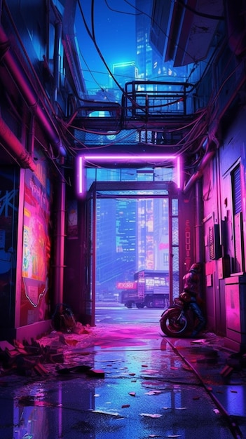 A view of a neon city street with a motorcycle parked in the rain generative ai