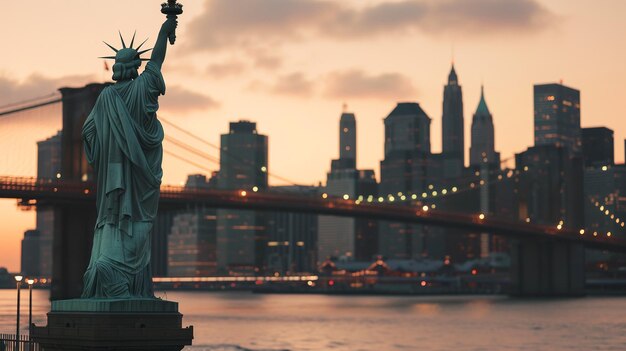 Foto vista dello skyline di new york con la statua della libertà in primo piano