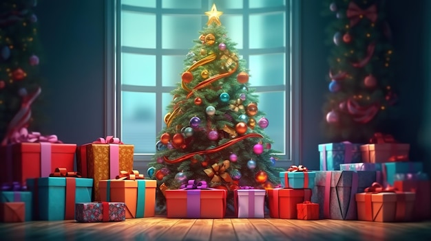 Photo view of nice decorated christmas tree and some gift boxes indoor generative ai