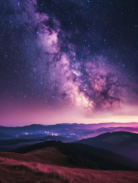 a view of the night sky from a hill