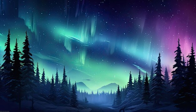 View of night sky with aurora borealis and mountain peak background Night glows in vibrant aurora