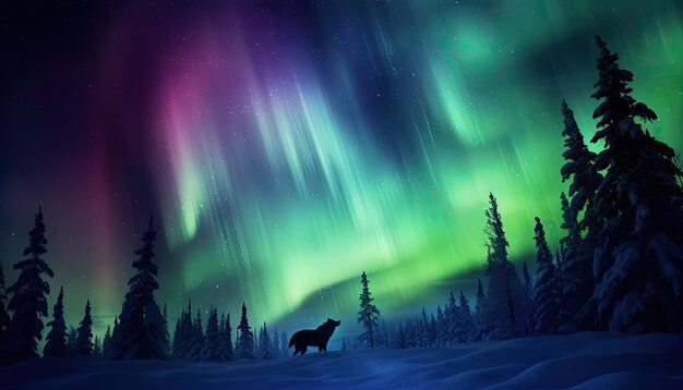 View of night sky with aurora borealis and mountain peak background Night glows in vibrant aurora