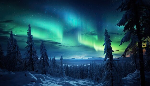 View of night sky with aurora borealis and mountain peak background Night glows in vibrant aurora