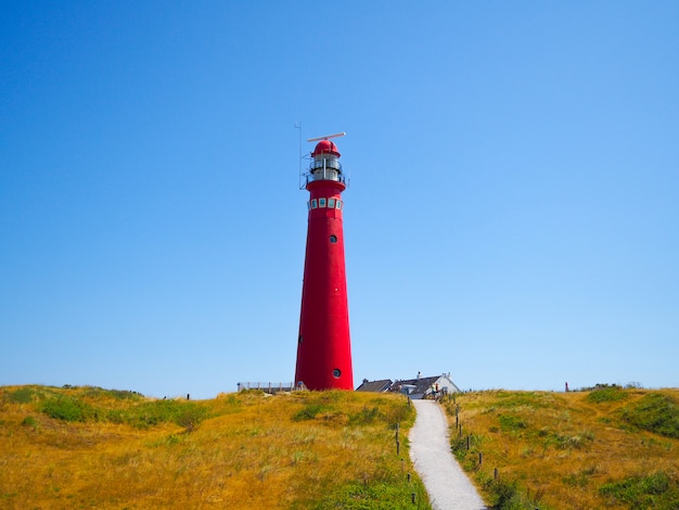 노스 타워-푸른 하늘에 대 한 모래 언덕에 프리지아 제도 중 하나 Schiermonnikoog 섬에 등 대보기