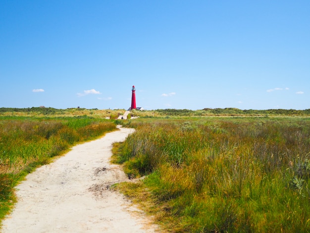 노스 타워-푸른 하늘에 대 한 모래 언덕에 프리지아 제도 중 하나 Schiermonnikoog 섬에 등 대보기