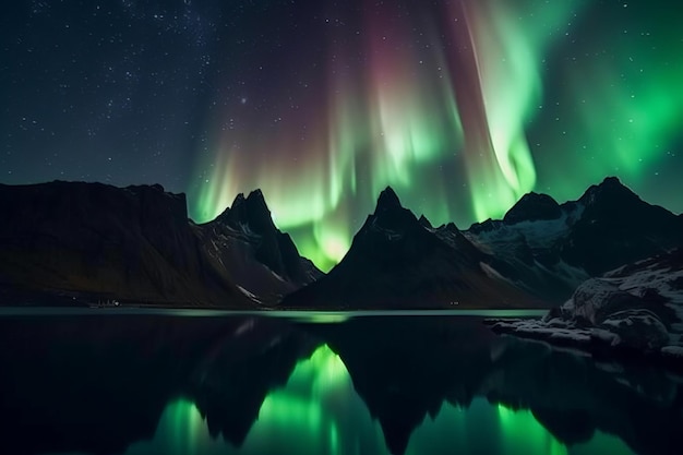 A view of the northern lights over a mountain lake