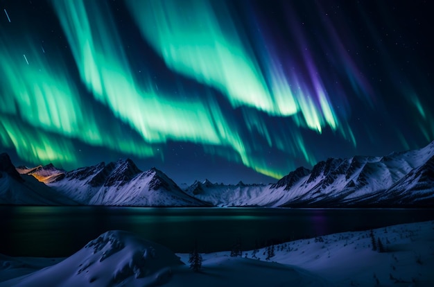 Вид северного сияния в ночное время на Аляске