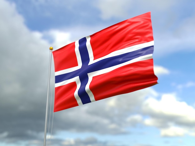 風の中のノルウェーの旗の眺め