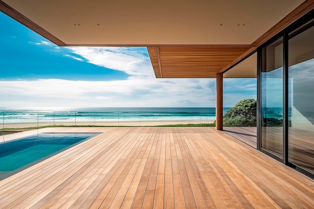 A view of the ocean from the deck of a modern house