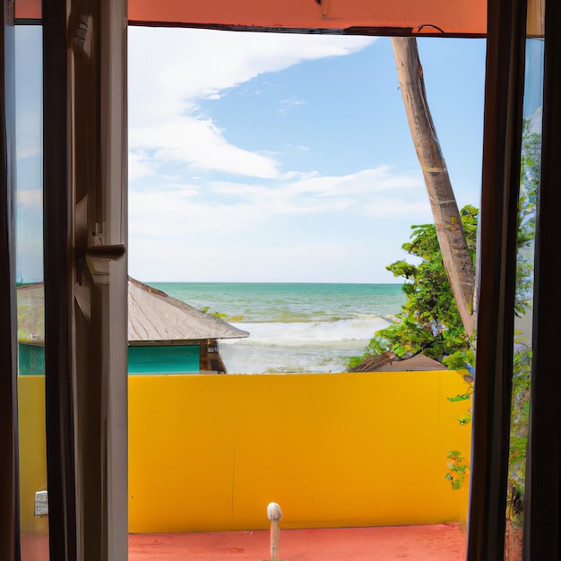 A view of the ocean from a window of a house.