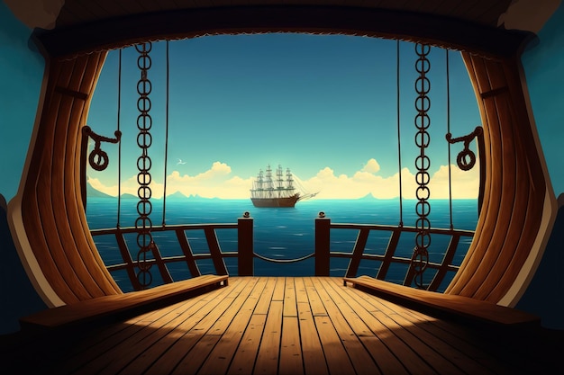 Photo view of the ocean from the wooden deck of the pirate ship