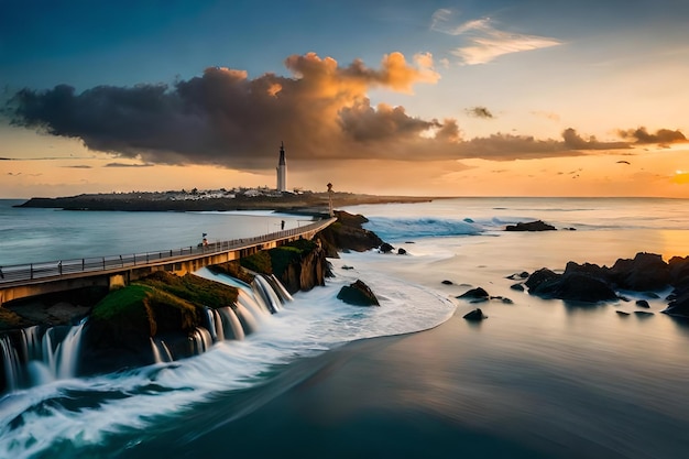 A view of the ocean and a waterfall.