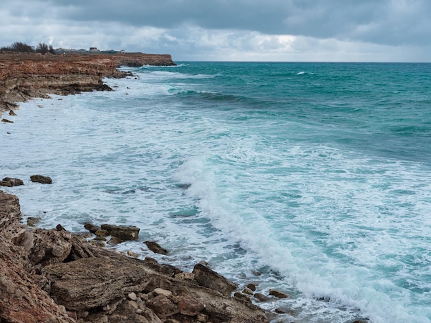 View of ocean waves and a fantastic rocky shore