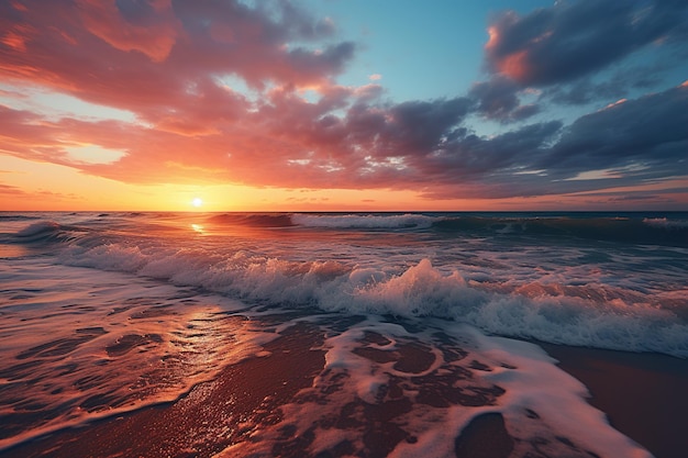 A view on ocean waves during stunning pink apricot color cloudy sunset