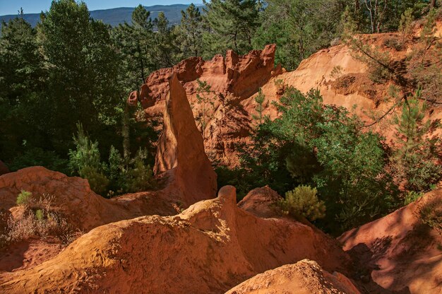 Foto vista della terra di ocre e degli alberi nel parco dei sentiers des ocres nel rossiglione, in francia