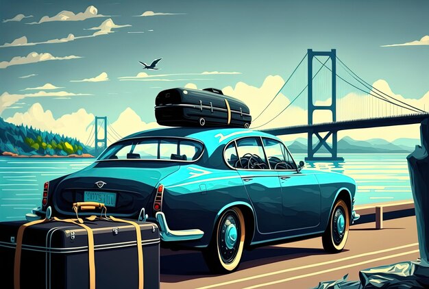 Фото Вид на современный черный автомобиль и синий багаж на ярком берегу реки