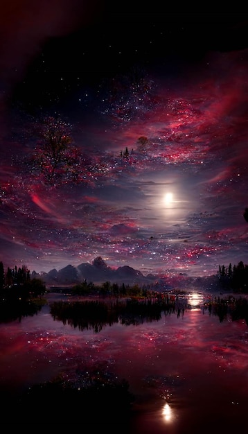 사진 하늘 생성 ai에 보름달이 있는 밤에 호수의 전망