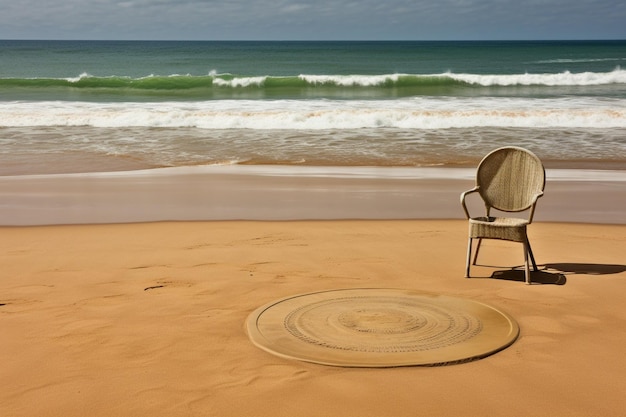 사진 물결 이 있는 모래 해변 에 있는 강철 의자 와 작은 둥근 테이블 의 모습